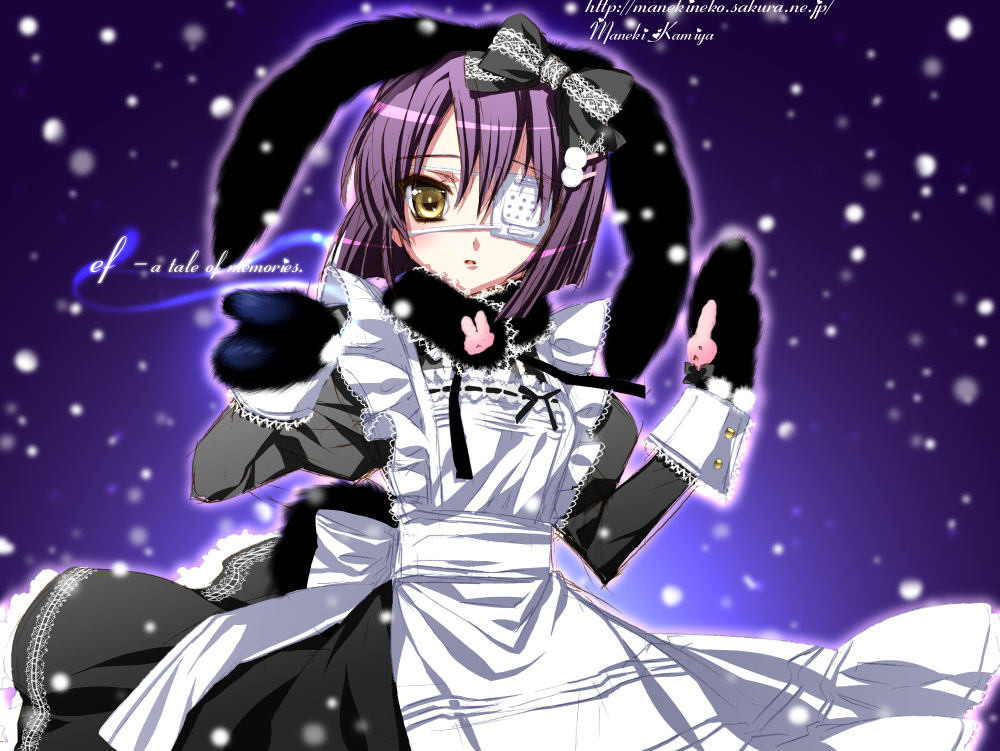 kamiya maneki, shindou chihiro, shindou kei (ef), ef (visual novel), 00s, 1girl, animal ears, apron, black mittens, blush, bow, eyepatch, female focus, goth fashion, looking at viewer, maid, maid apron, mittens, purple hair, rabbit, rabbit ears, short hair, snow, snowing, solo, yellow eyes