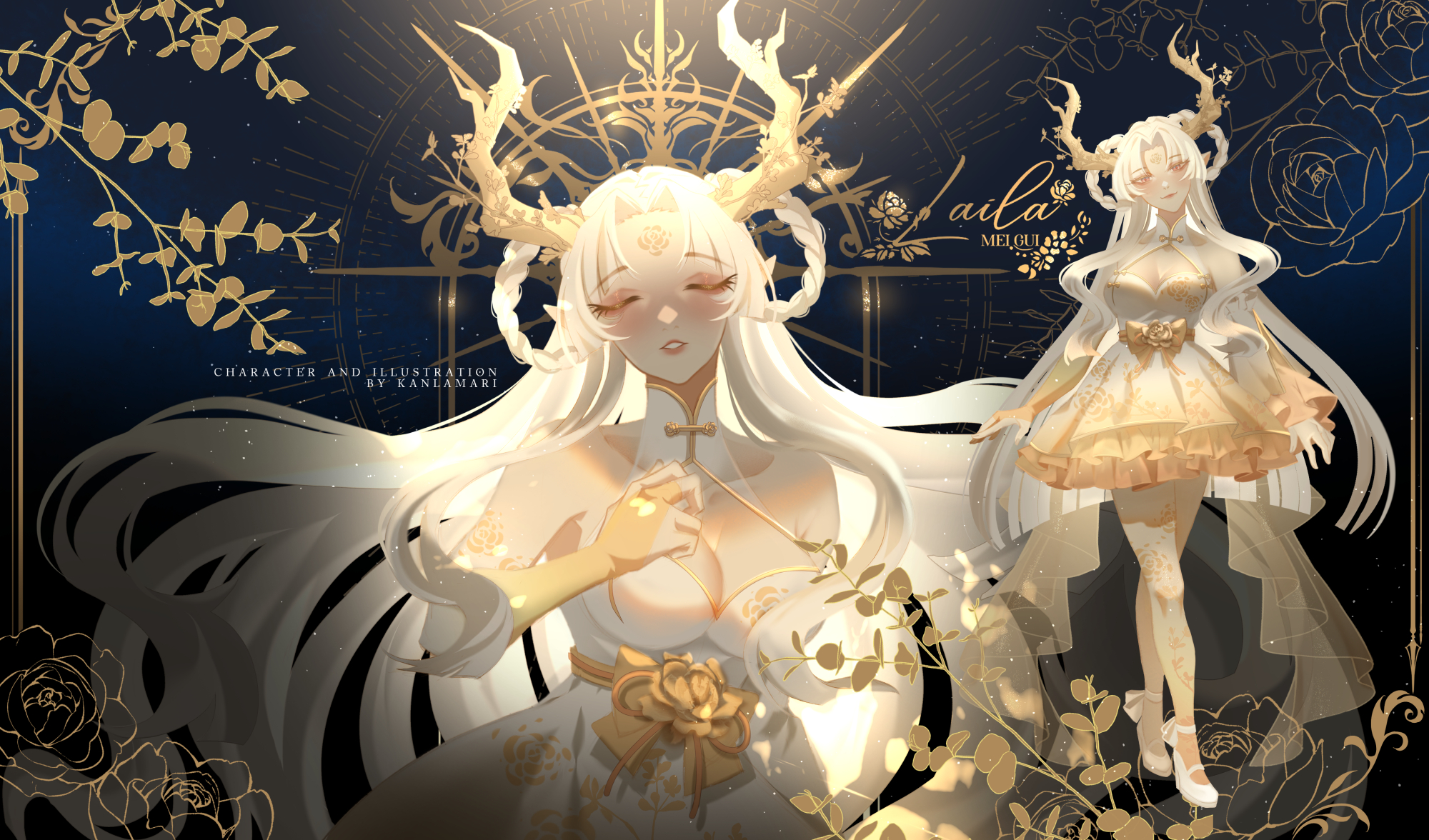 kanlamari, original, highres, 1girl, antlers, artist name, bow, breasts, bridal gauntlets, cleavage, cleavage cutout, closed eyes, closed mouth, clothing cutout, collarbone, dress, facial mark, floral print, forehead mark, gradient clothes, gradient dress, horns, lips, long hair, parted lips, rose print, shoes, white dress, white hair, white shoes, yellow bow, yellow bridal gauntlets, yellow dress, yellow eyes
