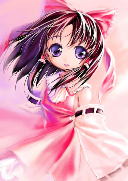 hakurei reimu, touhou, 1girl, bow, brown hair, collar, detached sleeves, dress, female focus, hair bow, hair tubes, long sleeves, looking at viewer, pink background, purple eyes, red dress, ribbon-trimmed sleeves, ribbon trim, short hair, simple background, solo