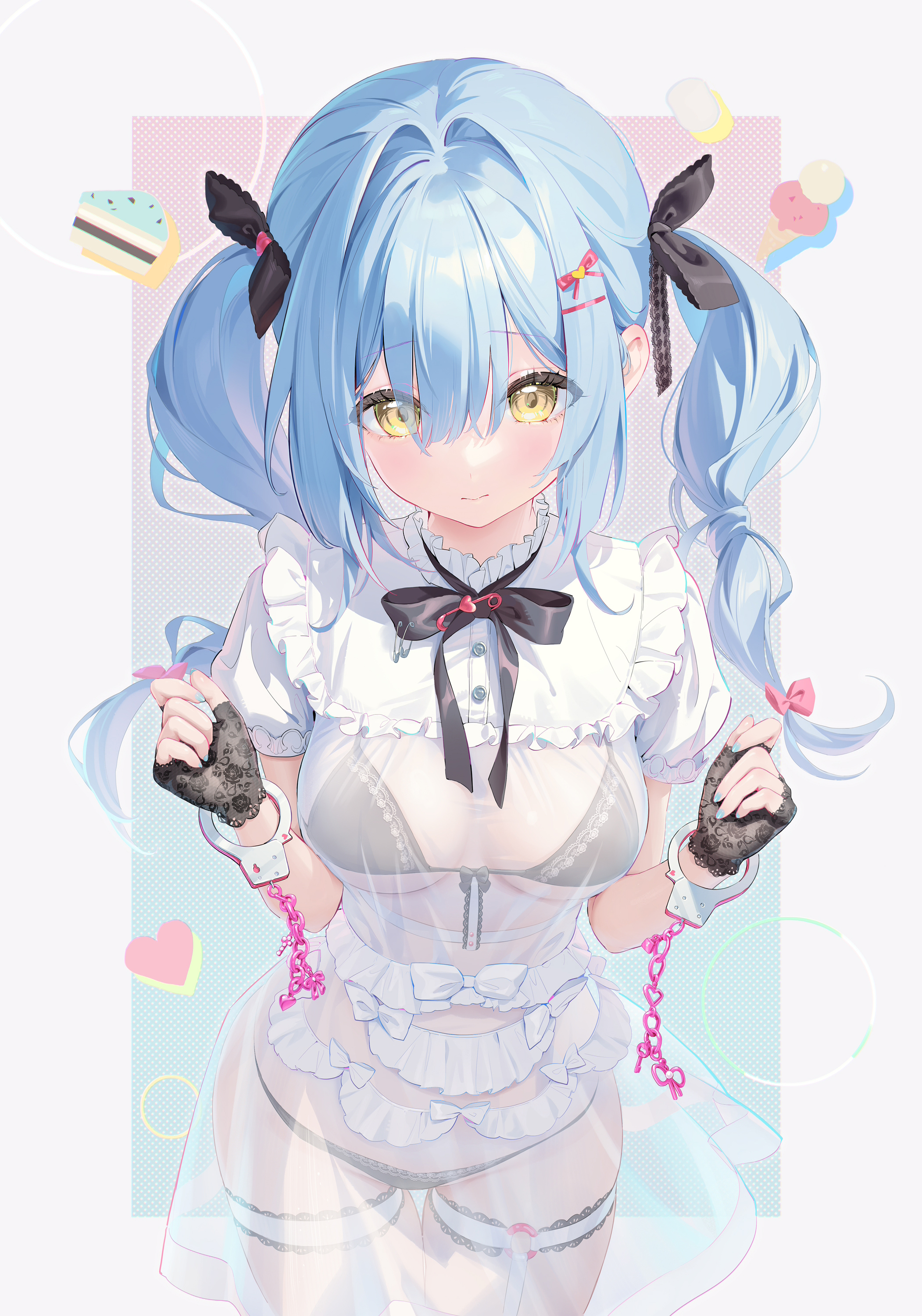 houkisei, original, absurdres, commentary request, highres, 1girl, black gloves, blue hair, blush, breasts, closed mouth, cuffs, dress, fingerless gloves, frilled shirt collar, frills, gloves, hair between eyes, hair intakes, handcuffs, hands up, lace, lace gloves, large breasts, long hair, looking at viewer, see-through clothes, see-through dress, solo, twintails, yellow eyes
