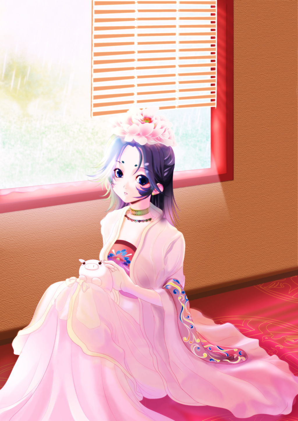 st.microscope, latune subbota, banpresto, super robot wars, super robot wars original generation, highres, 1girl, choker, dress, female focus, flower, purple eyes, purple hair, short hair, solo