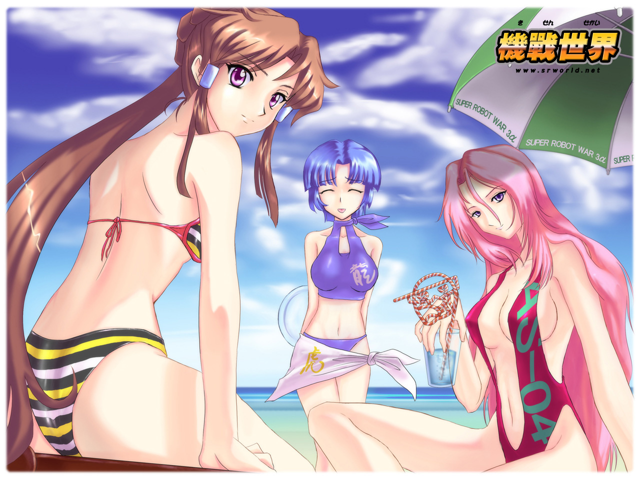 kusuha mizuha, minaki tomine, selena recital, banpresto, super robot wars, super robot wars alpha, the 3rd super robot wars alpha, 3girls, :p, beach, bikini, blue hair, breasts, brown hair, cleavage, closed eyes, day, medium breasts, multiple girls, ocean, outdoors, pink eyes, pink hair, ponytail, purple eyes, sarong, selena reshtal, short hair, small breasts, striped bikini, striped clothes, swimsuit, tongue, tongue out, umbrella