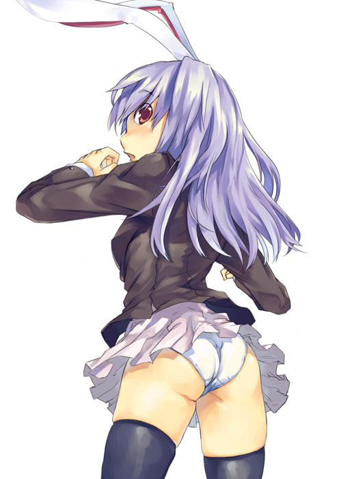 mikage sekizai, reisen udongein inaba, touhou, 1girl, animal ears, ass, black thighhighs, female focus, panties, pantyshot, rabbit ears, simple background, skindentation, solo, thighhighs, underwear, white background