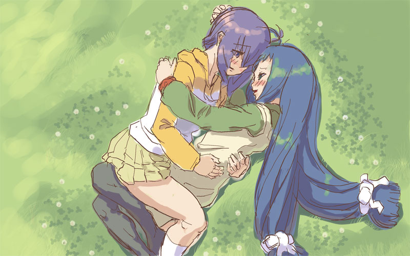 masakami, ayase yue, miyazaki nodoka, mahou sensei negima!, 00s, 2girls, blue hair, blush, casual, couple, field, flower, grass, holding, hug, long hair, low-tied long hair, multiple girls, pantyhose, pleated skirt, purple hair, short hair, skirt, very long hair, yuri