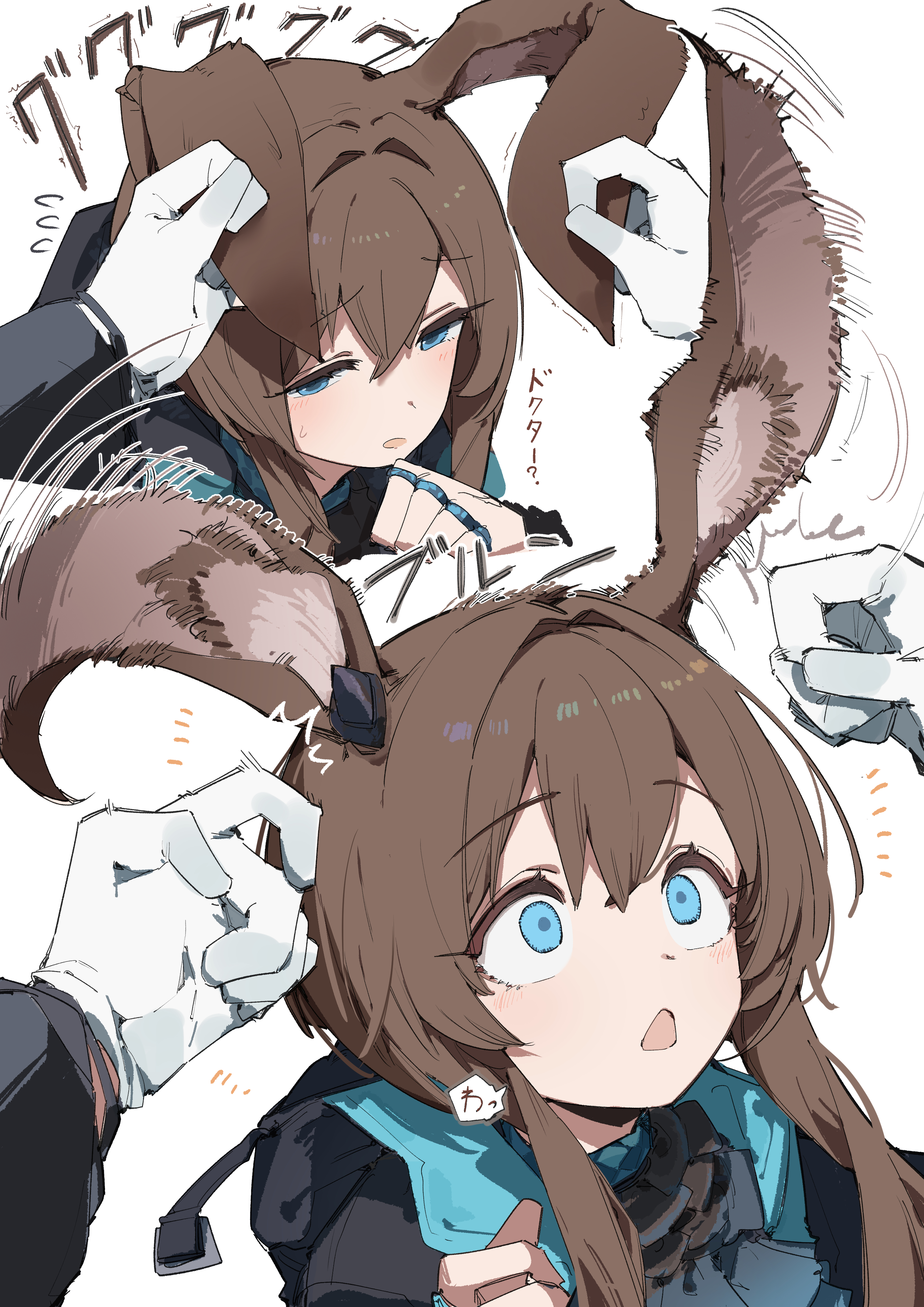 maton 3110, amiya (arknights), doctor (arknights), arknights, absurdres, commentary request, highres, 1girl, 1other, animal ear fluff, animal ears, black jacket, blue eyes, blue scarf, brown hair, gloves, hair between eyes, hand on another's ear, jacket, long sleeves, open mouth, pov, rabbit ears, rabbit girl, scarf, white gloves