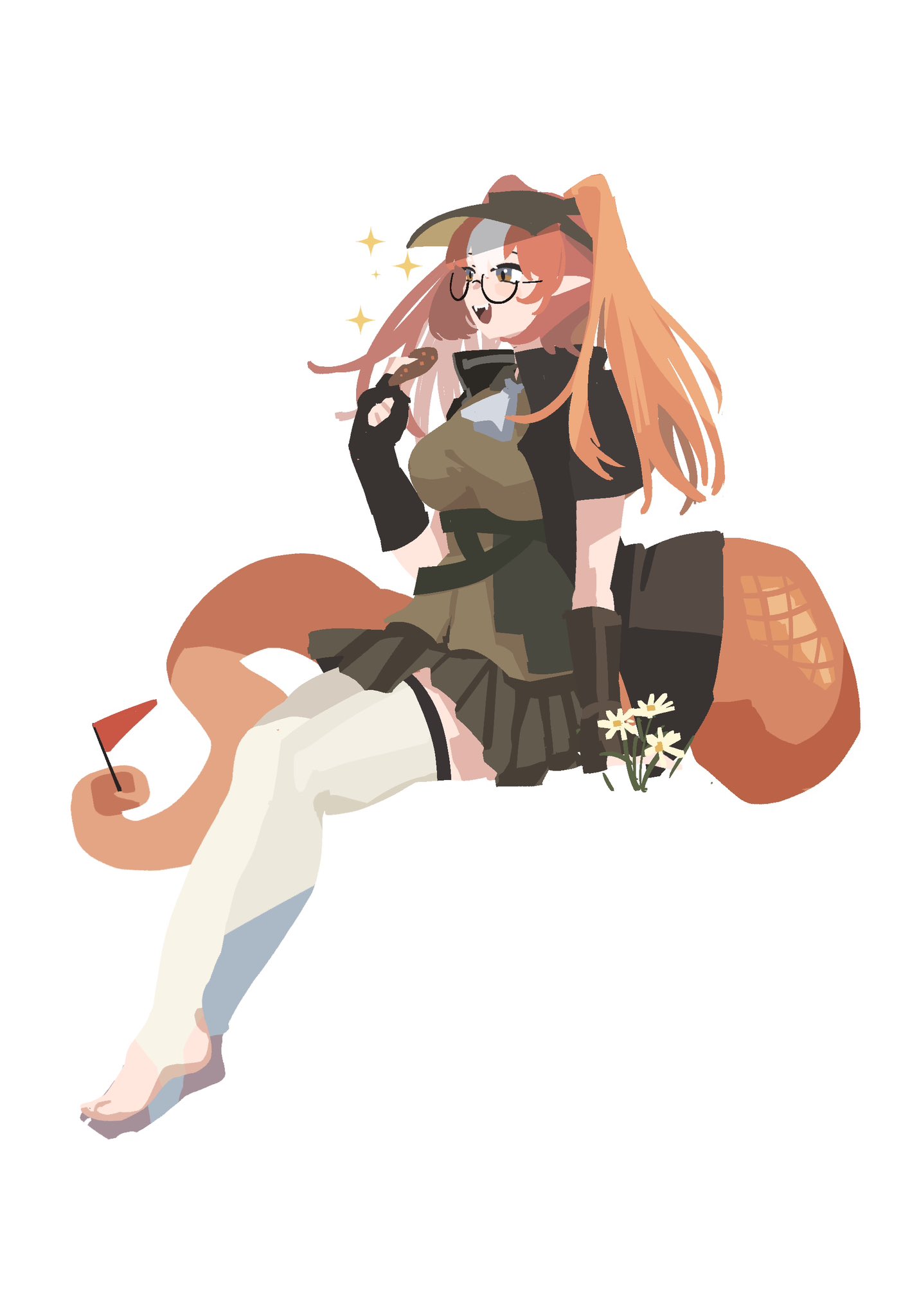 yuec, wulfenite (arknights), arknights, commentary, highres, 1girl, barefoot, black gloves, breasts, cookie, fingerless gloves, flag, flower, food, glasses, gloves, holding, holding cookie, holding food, holding with tail, jacket, large breasts, long hair, multicolored hair, open mouth, orange eyes, orange hair, pointy ears, prehensile tail, reptile girl, simple background, skirt, smile, snake tail, solo, sparkle, stirrup legwear, tail, thighhighs, toeless legwear, visor cap, white background, white flower, white hair, white thighhighs, zettai ryouiki