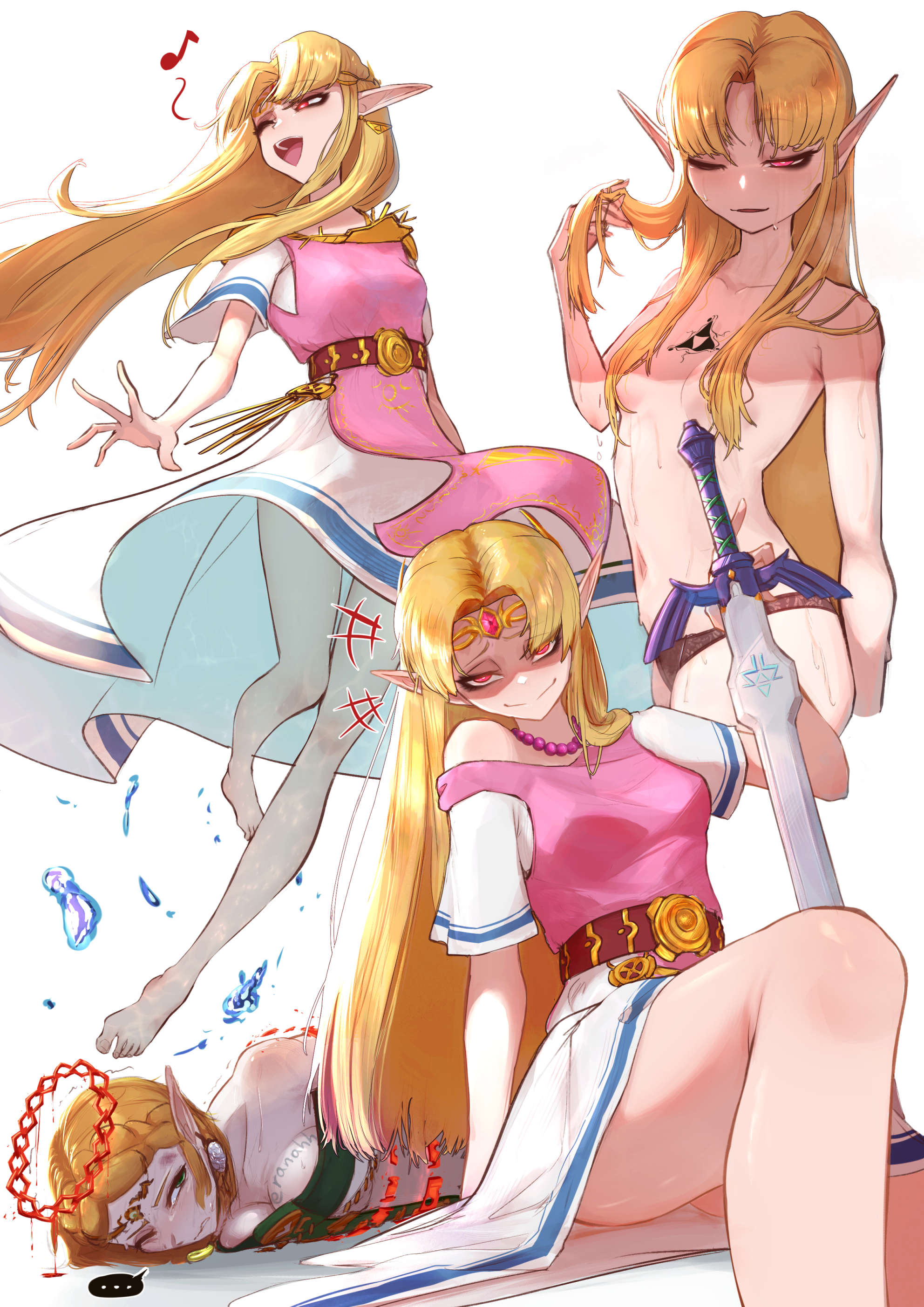 eranahh, princess zelda, nintendo, the legend of zelda, the legend of zelda: a link between worlds, the legend of zelda: tears of the kingdom, absurdres, commentary, highres, 2girls, barefoot, bead necklace, beads, blonde hair, breasts, chest tattoo, clenched teeth, convenient censoring, dark persona, dress, eighth note, evil smile, hair intakes, hair over breasts, halo, jewelry, long hair, magic, master sword, medium breasts, multiple girls, music, musical note, necklace, open mouth, pointy ears, princess dress, red eyes, restrained, secret stone, short sleeves, singing, small breasts, smile, tattoo, teeth, triforce