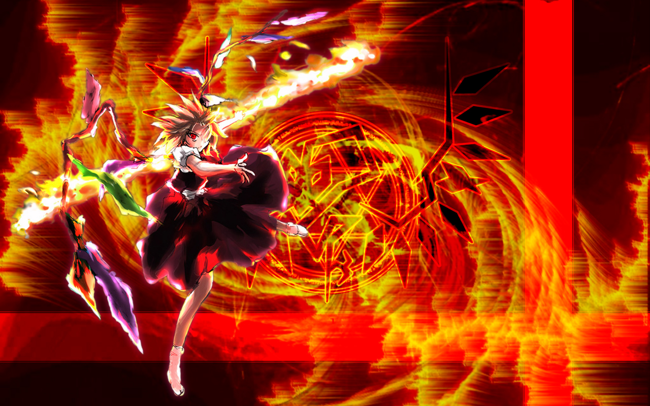 flandre scarlet, touhou, 1girl, blonde hair, blouse, crystal, demon wings, dress, female focus, fire, full body, looking at viewer, magic, red dress, red eyes, shirt, short hair, socks, solo, white shirt, white socks, wings