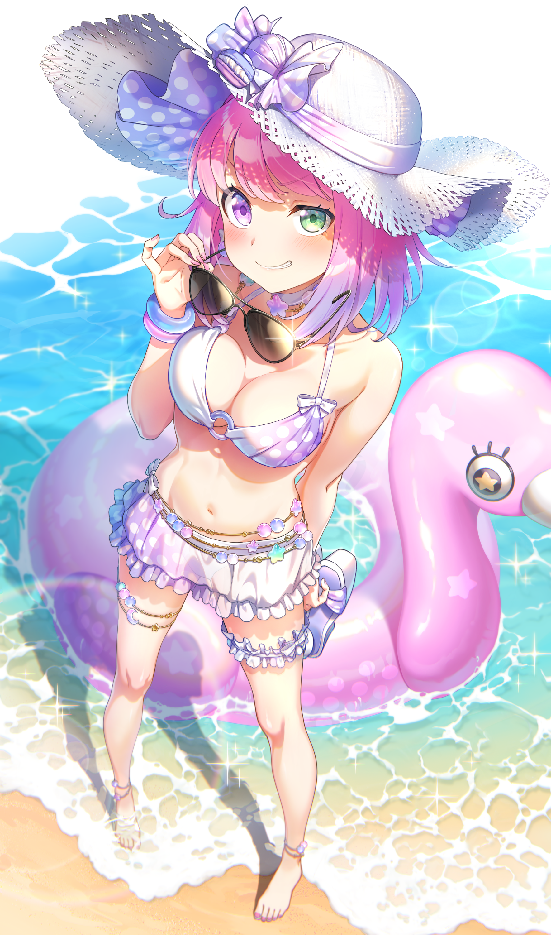 dero (eka56921), himemori luna, himemori luna (summer), hololive, absurdres, highres, 1girl, bikini, bow, bowtie, breasts, closed mouth, collarbone, frilled bikini, frilled thigh strap, frills, full body, green eyes, hat, hat bow, heterochromia, holding, holding removed eyewear, innertube, medium breasts, medium hair, navel, pink bikini, pink bow, pink bowtie, purple eyes, solo, stomach, sunglasses, swim ring, swimsuit, thigh strap, unworn eyewear, white hat