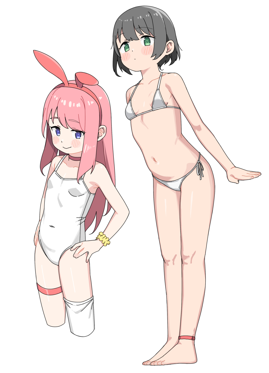 saiste, original, highres, 2girls, animal ear hairband, animal ears, aqua eyes, bare arms, bare shoulders, barefoot, bikini, black hair, blush stickers, breasts, closed mouth, cropped legs, fake animal ears, hairband, hand on own hip, long hair, looking at viewer, multiple girls, one-piece swimsuit, pink hair, purple eyes, rabbit ears, short hair, side-tie bikini bottom, simple background, single thighhigh, small breasts, smile, standing, swimsuit, thigh strap, thighhighs, white background, white bikini, white one-piece swimsuit, white thighhighs