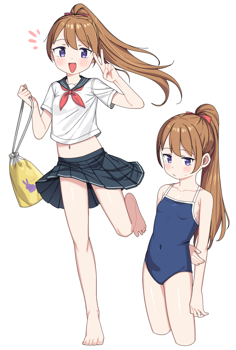 saiste, original, highres, 1girl, bare legs, barefoot, black skirt, blue one-piece swimsuit, blush stickers, breasts, brown hair, covered navel, cowboy shot, crop top, cropped legs, cropped shirt, full body, holding, long hair, midriff, miniskirt, multiple views, navel, neckerchief, one-piece swimsuit, open mouth, ponytail, puckered lips, purple eyes, red neckerchief, school swimsuit, school uniform, serafuku, simple background, skirt, small breasts, smile, standing, standing on one leg, sweatdrop, swimsuit, v, white background