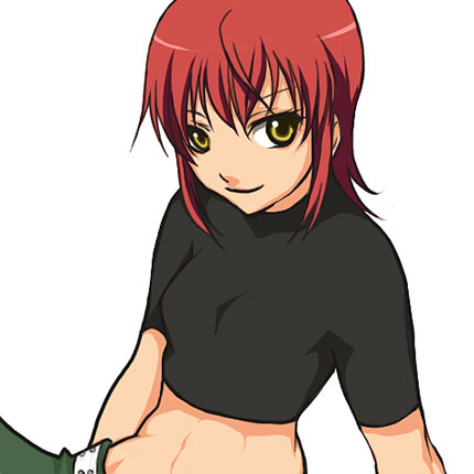 mutou takashi, riza wildman, kaibutsu oujo, lowres, 00s, crop top, midriff, red hair, yellow eyes
