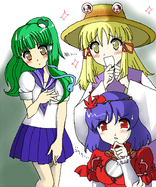 kochiya sanae, moriya suwako, pyonta, yasaka kanako, touhou, 3girls, alternate costume, female focus, hair ornament, hat, leaf hair ornament, multiple girls, oekaki, school uniform, serafuku