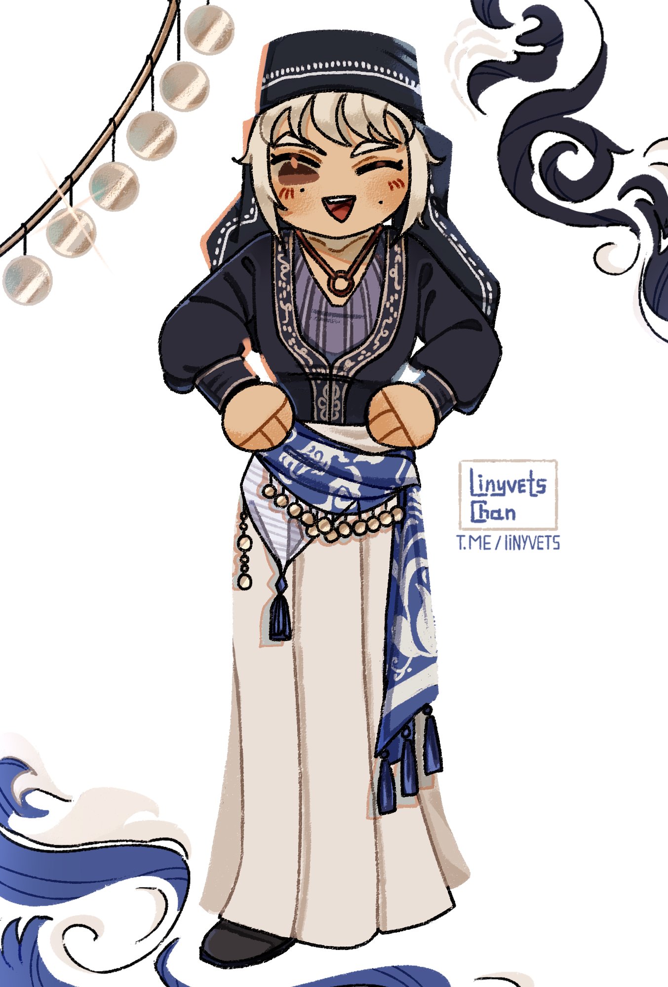 linyvets chan, nika (usergore), original, highres, 1girl, abstract background, chibi, chibi only, embroidery, full body, georgia (country), georgian clothes, hand on own hip, jewelry, long skirt, long sleeves, multiple moles, necklace, one eye closed, open mouth, puffy sleeves, simple background, skirt, sparkle, turban, waistband, white skirt