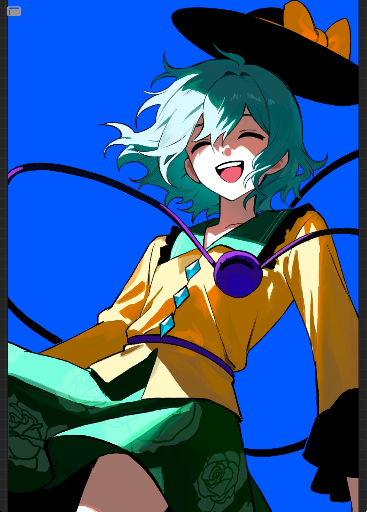 komeiji koishi, touhou, highres, 1girl, ^ ^, black hat, blue background, closed eyes, collar, floral print, floral print skirt, frilled collar, frills, green hair, green skirt, hat, open mouth, print skirt, rose print, shirt, short hair, skirt, smile, solo, yaoimani, yellow shirt