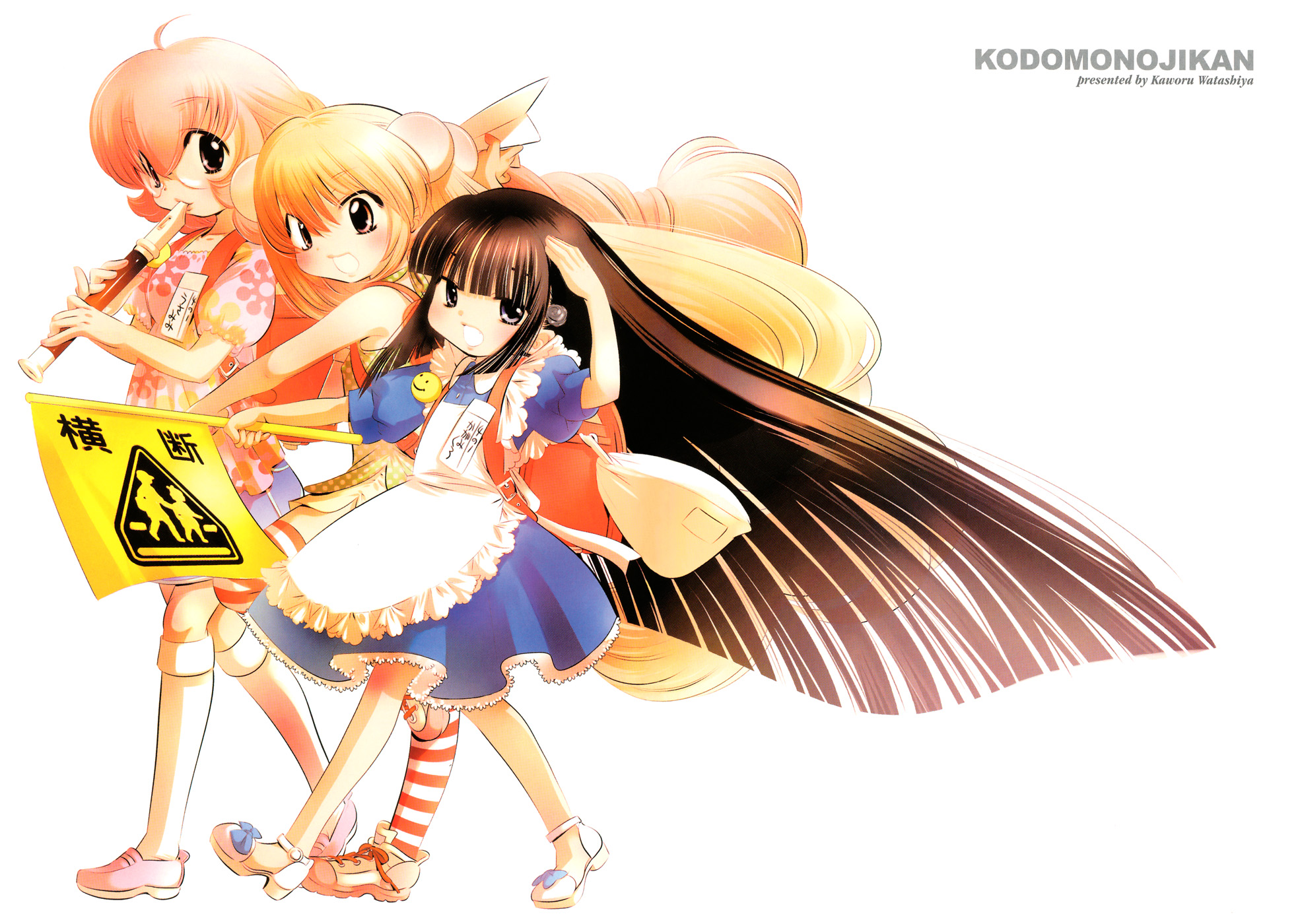 watashiya kaworu, kagami kuro, kokonoe rin, usa mimi, kodomo no jikan, highres, official art, 00s, 3girls, black hair, blonde hair, child, hair bobbles, hair ornament, long hair, multiple girls, very long hair