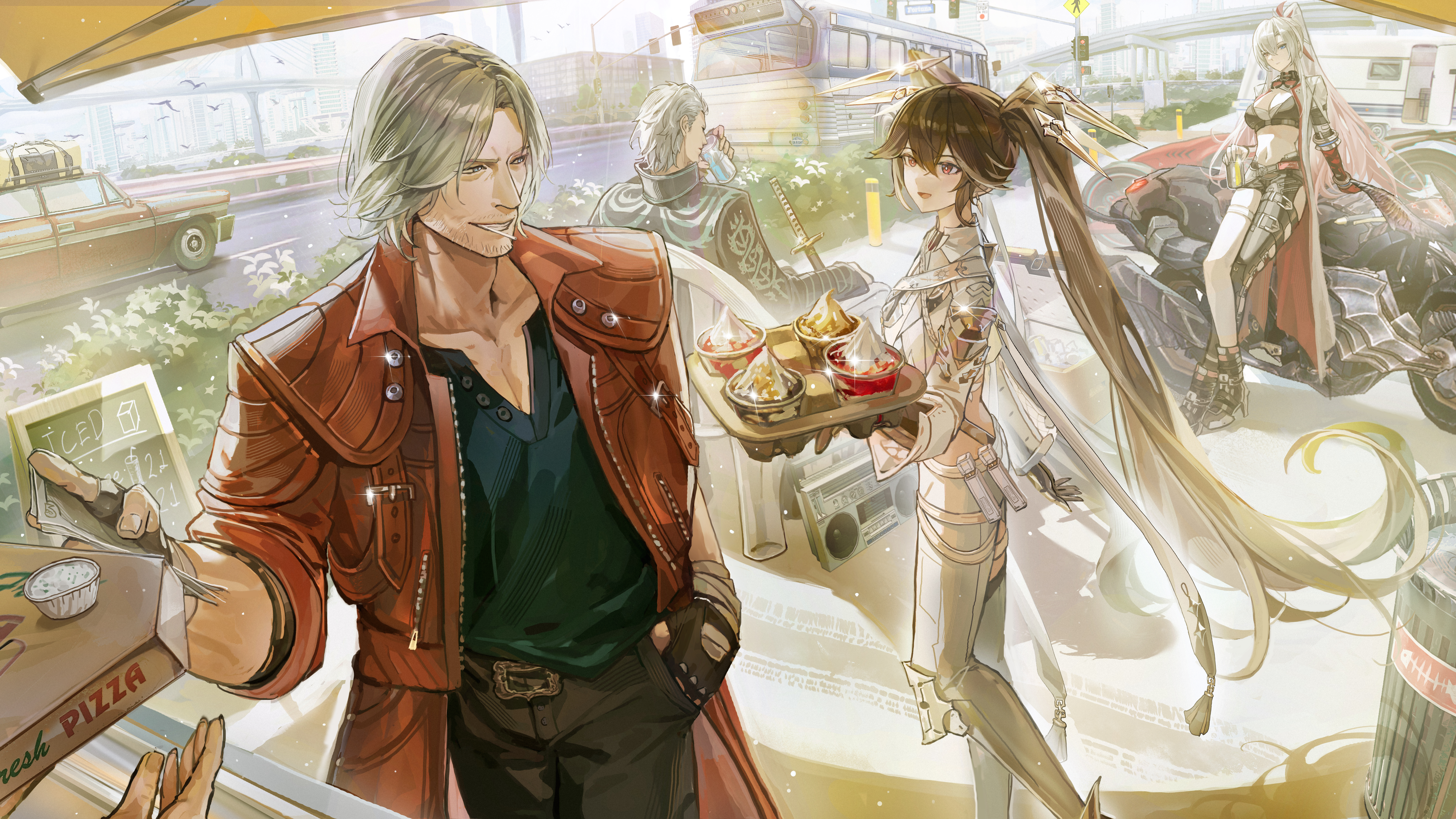 xude, alpha: crimson weave (pgr), alpha (pgr), dante (devil may cry), lucia: pyroath (pgr), lucia (pgr), vergil (devil may cry), devil may cry (series), devil may cry 5, punishing: gray raven, absurdres, commentary, english commentary, highres, 1other, 2boys, 2girls, asymmetrical clothes, black bra, black coat, black gloves, black hair, black pants, blue shirt, bra, coat, collarbone, crop top, crossover, cup, desert, drinking, fingerless gloves, gloves, grin, hand in pocket, holding, holding cup, leaning against motorcycle, long hair, multiple boys, multiple girls, navel, pants, pizza box, ponytail, red coat, shirt, single pantsleg, smile, stomach, twintails, underwear, very long hair, white coat, white hair, white pants, white shirt, yamato (sword)
