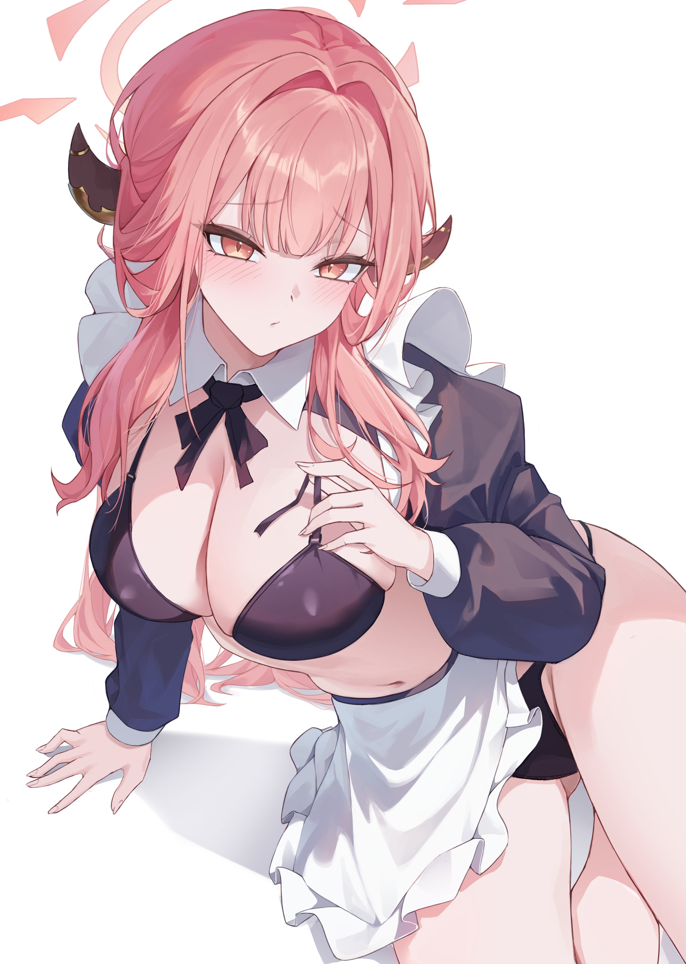 jw (wrdawrda), aru (blue archive), blue archive, absurdres, commentary, hashtag-only commentary, highres, symbol-only commentary, 1girl, alternate costume, apron, arm support, bikini, black bikini, black ribbon, black shrug, blush, breasts, brown horns, cleavage, closed mouth, collared shrug, demon horns, hair intakes, halo, hand on own chest, horns, large breasts, long hair, looking at viewer, maid, maid bikini, navel, neck ribbon, orange eyes, pink hair, pink halo, ribbon, shrug (clothing), simple background, sitting, solo, swimsuit, unconventional maid, waist apron, white apron, white background