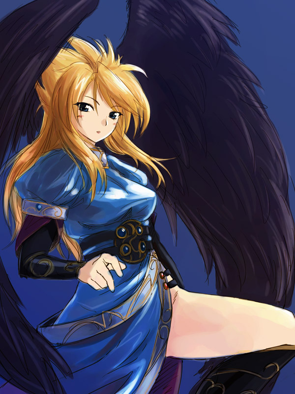 michael f91, nina (breath of fire ii), breath of fire, breath of fire ii, 1girl, angel wings, black wings, blonde hair, blue eyes, blush, boots, dress, legs, long hair, side slit, thighs, wings