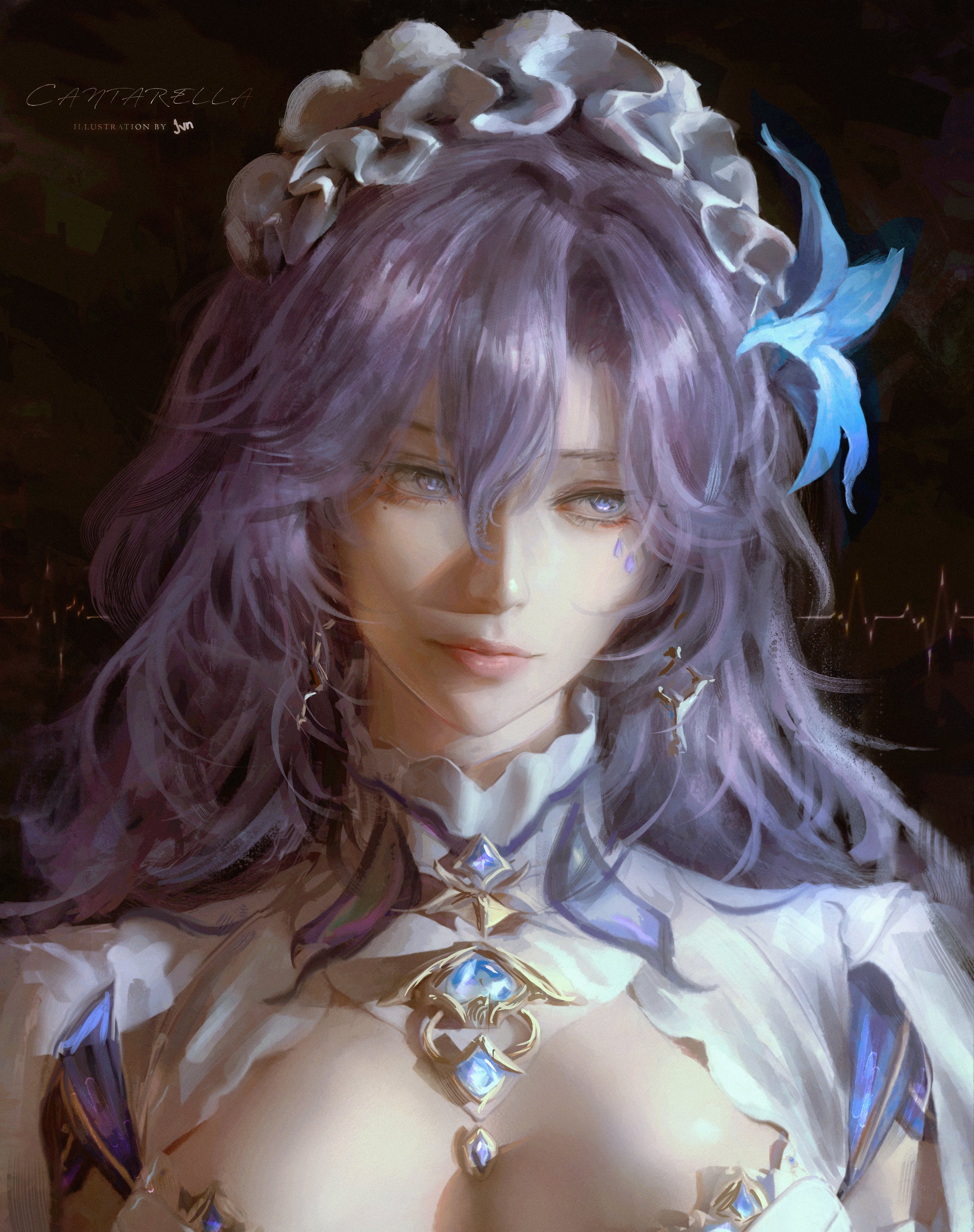 jvn, cantarella (wuthering waves), wuthering waves, absurdres, commentary, english commentary, highres, artist name, blue flower, breasts, character signature, closed mouth, earrings, facial mark, flower, hair between eyes, hair flower, hair ornament, headdress, jewelry, long hair, looking to the side, mark under eye, medium breasts, portrait, purple eyes, purple hair, shrug (clothing), white shrug