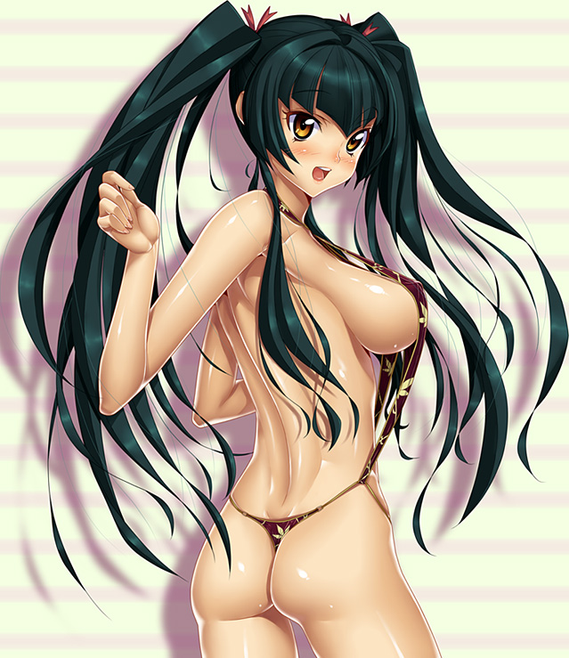 kink (tortoiseshell), wang liu mei, gundam, gundam 00, 00s, 1girl, ass, bikini, black hair, blush, breasts, female focus, from behind, long hair, looking back, one-piece thong, open mouth, panties, sideboob, slingshot swimsuit, solo, string bikini, swimsuit, thong, underwear