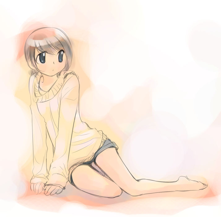 ikeda jun (mizutamari), original, 1girl, androgynous, barefoot, feet, female focus, lying, short shorts, shorts, solo, sweater, swept bangs, toes
