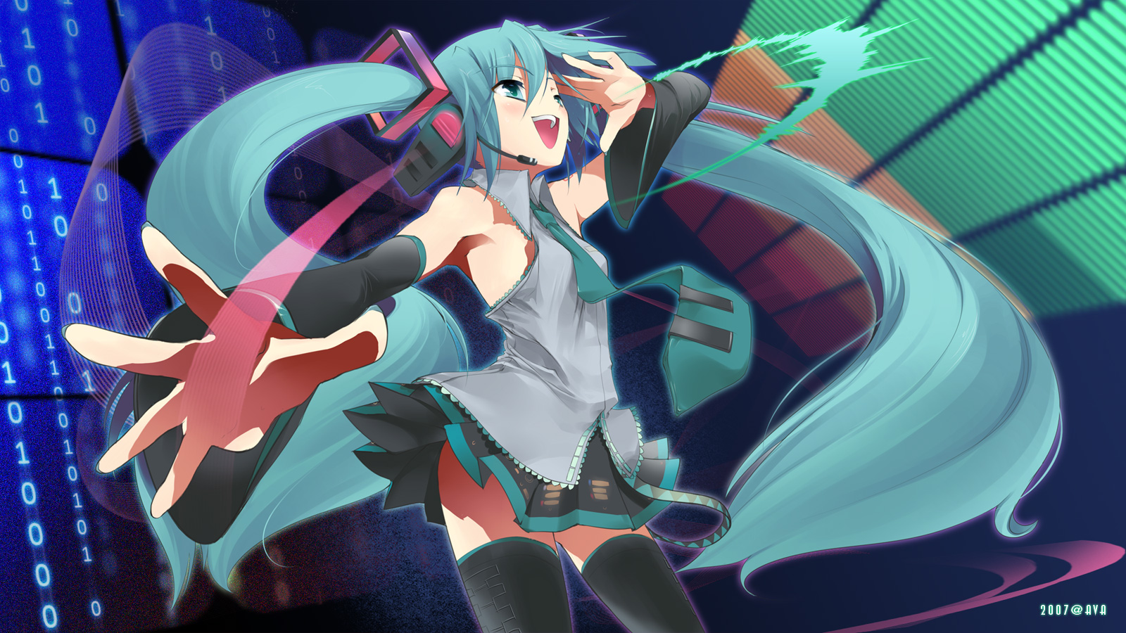 mugen dai, hatsune miku, vocaloid, highres, 1girl, black thighhighs, female focus, foreshortening, long hair, solo, thighhighs, twintails, very long hair