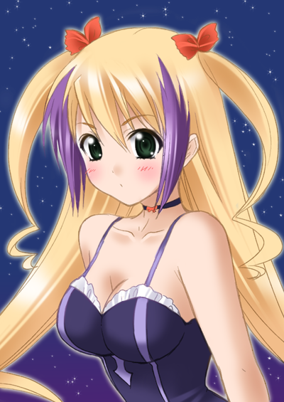itsuki sayaka, jacqueline baumgold, dragonaut, 00s, blonde hair, blush, choker, green eyes, long hair, multicolored hair, solo, twintails, two-tone hair