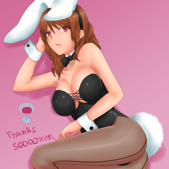rokuichi, cissnei, crisis core final fantasy vii, final fantasy, final fantasy vii, 1990s (style), 1girl, animal ears, breasts, brown hair, cleavage, large breasts, milestone celebration, pantyhose, playboy bunny, rabbit ears, red eyes, retro artstyle, solo