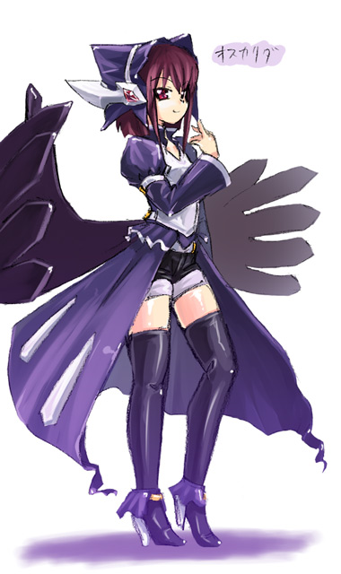 homura subaru, dark lugia, lugia, shadow lugia, xd001, nintendo, pokemon, pokemon xd, 00s, 1girl, alternate color, alternate shiny pokemon, brown hair, costume, female focus, full body, gen 2 pokemon, high heels, legendary pokemon, personification, red eyes, shadow, shoes, simple background, solo, standing, thighhighs, white background, zettai ryouiki