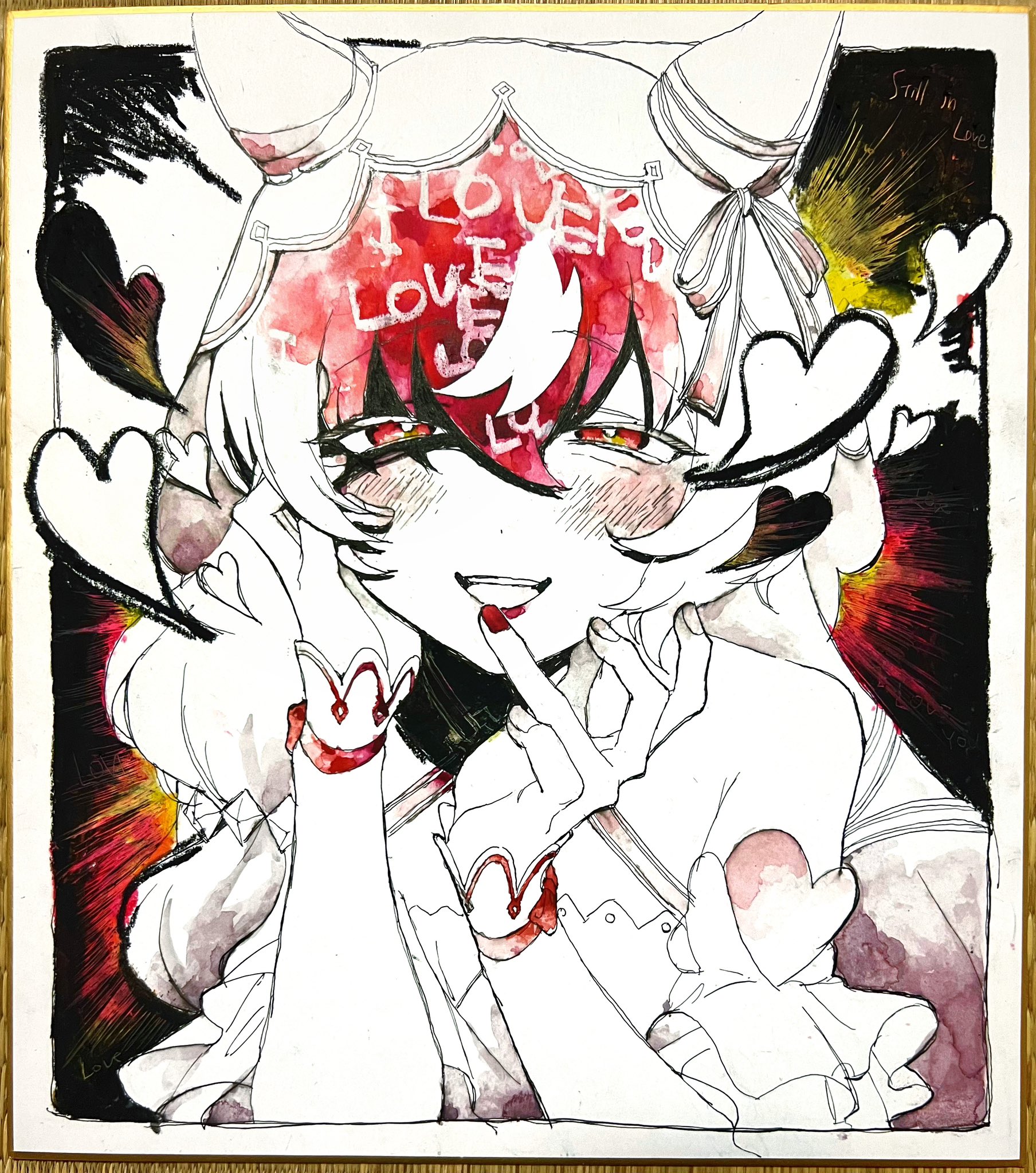 sekiyu inu, still in love (umamusume), umamusume, commentary request, highres, painting (medium), traditional media, watercolor (medium), 1girl, :d, animal ears, blush, character name, finger to mouth, hair between eyes, half-closed eyes, hand on own cheek, hand on own face, heart, horse ears, horse girl, long hair, open mouth, portrait, red eyes, smile, solo
