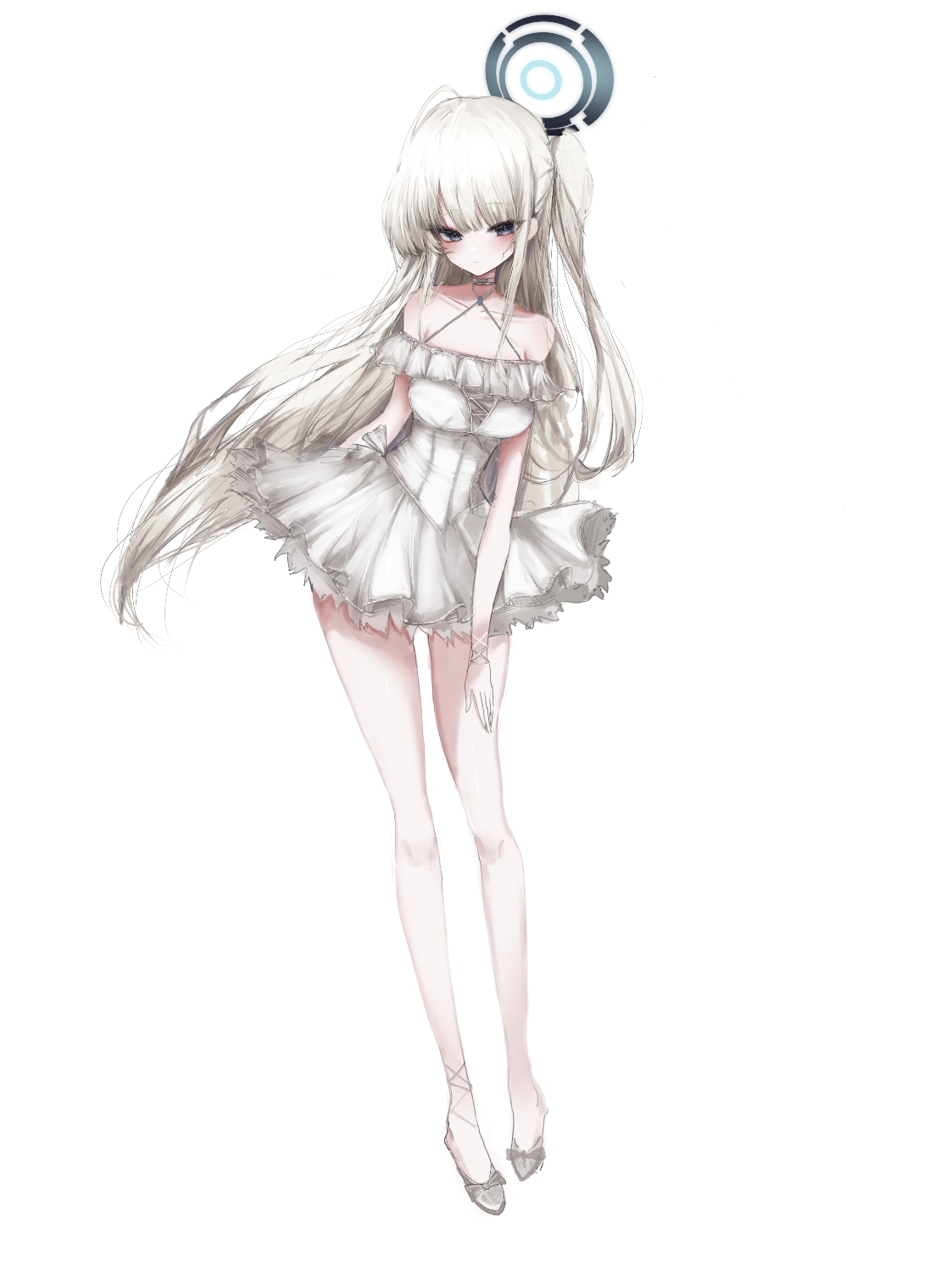 toki (blue archive), blue archive, highres, 1girl, alternate costume, bare shoulders, blonde hair, blue eyes, blue halo, blush, closed mouth, dress, halo, kk (hkpc4287), long hair, looking at viewer, off-shoulder dress, off shoulder, one side up, shoes, short dress, sidelocks, solo, white dress, white shoes