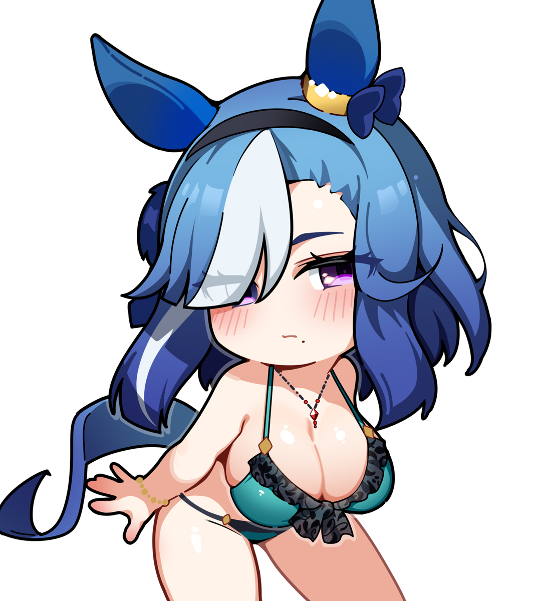 warashi, umamusume, commentary request, highres, 1girl, admire groove (umamusume), animal ears, bikini, blue hair, blush, breasts, chibi, cleavage, closed mouth, ear covers, eyes visible through hair, frilled bikini, frills, green bikini, hair over one eye, horse ears, horse girl, large breasts, looking at viewer, medium hair, mole, mole under mouth, purple eyes, solo, swimsuit, white hair