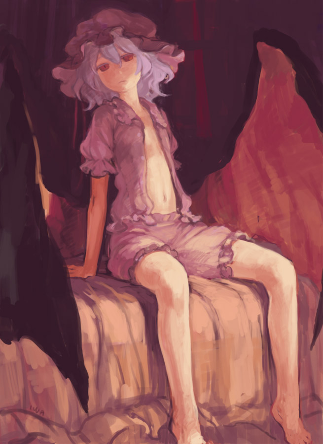 iwamoto zerogo, remilia scarlet, touhou, 1girl, barefoot, bat wings, bed, bloomers, bonnet, female focus, frills, hat, indoors, legs, midriff, navel, open clothes, open shirt, red eyes, shirt, sitting, solo, underwear, wings