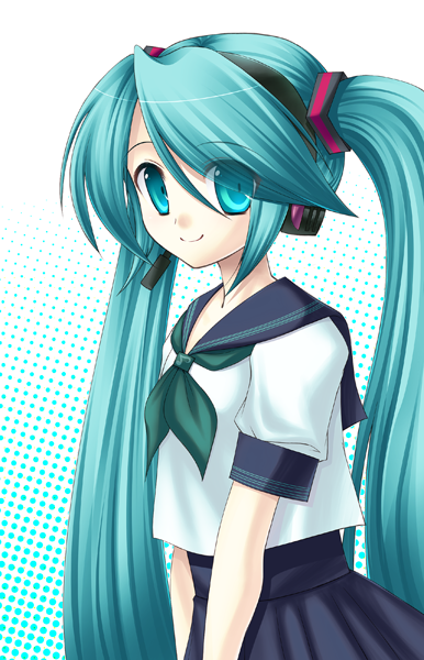 eko, hatsune miku, vocaloid, bad id, bad pixiv id, long hair, school uniform, serafuku, twintails, very long hair