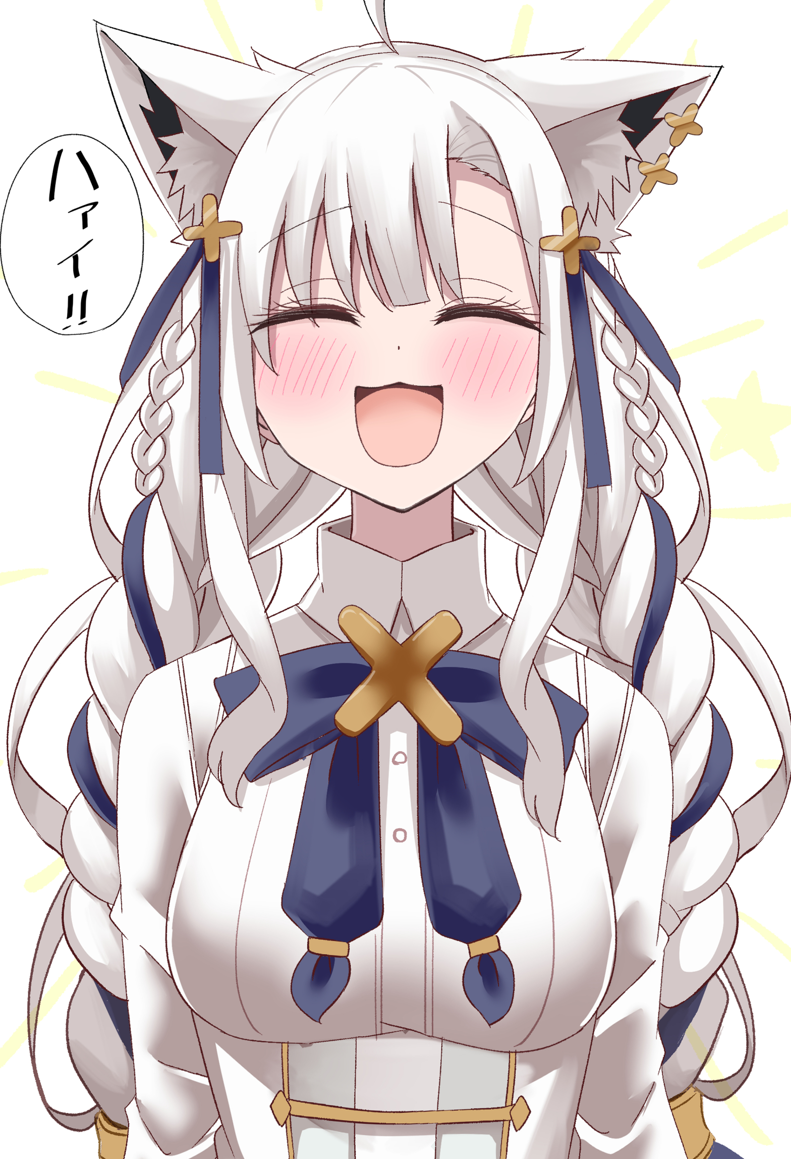 natsume mina, shirakami fubuki, hololive, highres, translation request, 1girl, ahoge, animal ear fluff, animal ears, blue hair, blush, braid, breasts, closed eyes, hair between eyes, hair ornament, long hair, long sleeves, low-tied long hair, multicolored hair, open mouth, shirt, simple background, smile, solo, speech bubble, twin braids, upper body, very long hair, virtual youtuber, white background, white hair, white shirt, x hair ornament