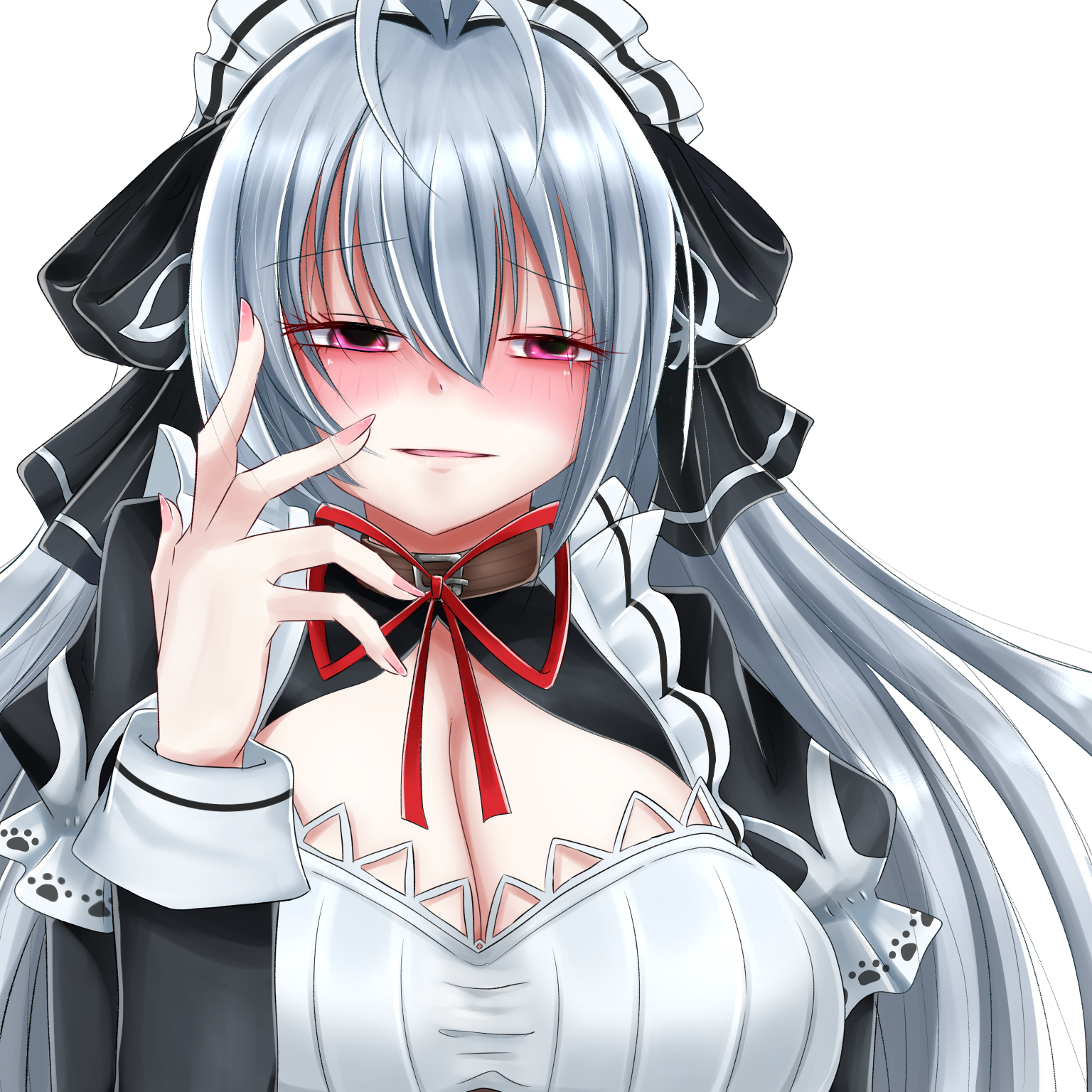 mitama kyrie, emil chronicle online, highres, 1girl, antenna hair, black dress, black ribbon, blush, breasts, brown collar, cleavage, cleavage cutout, clothing cutout, collar, dress, hair ribbon, large breasts, long hair, maid, maid headdress, mii nana3, raised inner eyebrows, red eyes, red ribbon, ribbon, seductive smile, smile, solo, upper body, white background, white dress, white hair, yandere