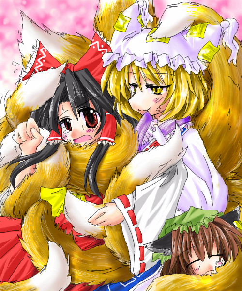 mumumu, chen, hakurei reimu, yakumo ran, touhou, eyebrows, 3girls, anger vein, animal ears, animal hat, black hair, blonde hair, blush, bow, brown eyes, brown hair, cat ears, cat girl, cat tail, closed eyes, detached sleeves, earrings, female focus, flying sweatdrops, fox tail, hair bow, hair tubes, hat, hugging tail, jewelry, long sleeves, mob cap, multiple girls, multiple tails, open mouth, ribbon-trimmed sleeves, ribbon trim, short hair, tail, tail wrap, wide sleeves, yellow eyes, you gonna get raped