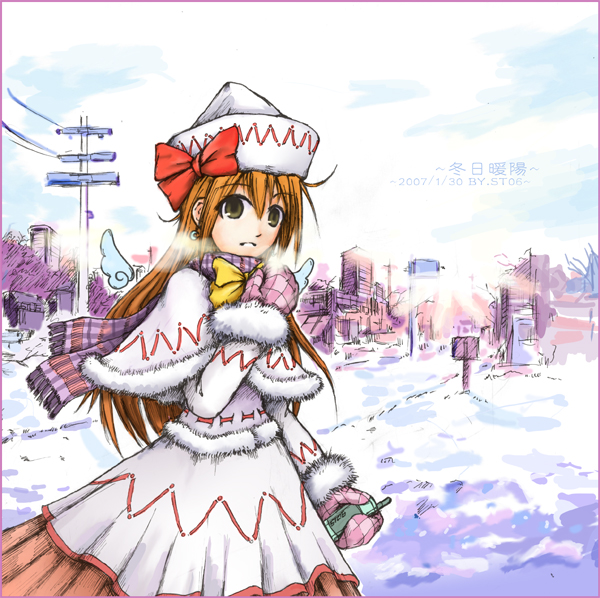 st06, lily white, touhou, 1girl, artist name, cellphone, city, dated, female focus, fur trim, hat, headgear, mantelet, mittens, phone, plaid clothes, plaid scarf, power lines, ribbon, scarf, signature, snow, solo, watermark, white hat
