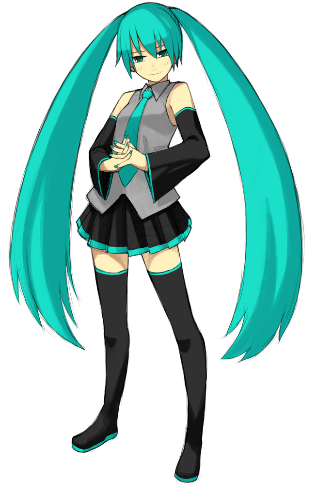 yu 65026, hatsune miku, vocaloid, 1girl, aqua hair, female focus, full body, long hair, simple background, solo, standing, thighhighs, twintails, very long hair