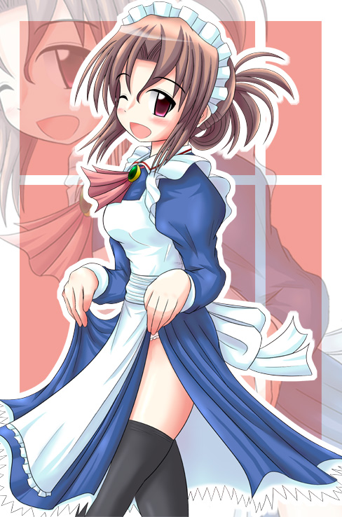 kuragi (moon), ringkilling, maria (hayate no gotoku!), hayate no gotoku!, 00s, 1girl, apron, blush, brown hair, clothes lift, dress, female focus, folded ponytail, maid, maid apron, skirt, skirt lift, solo, thighhighs