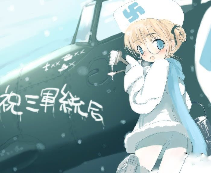 artist request, broken thumbnail, character request, copyright request, tagme, 1girl, aircraft, airplane, blonde hair, blue eyes, blush, female focus, glasses, hat, looking at viewer, looking back, open mouth, scarf, short hair, solo, swastika