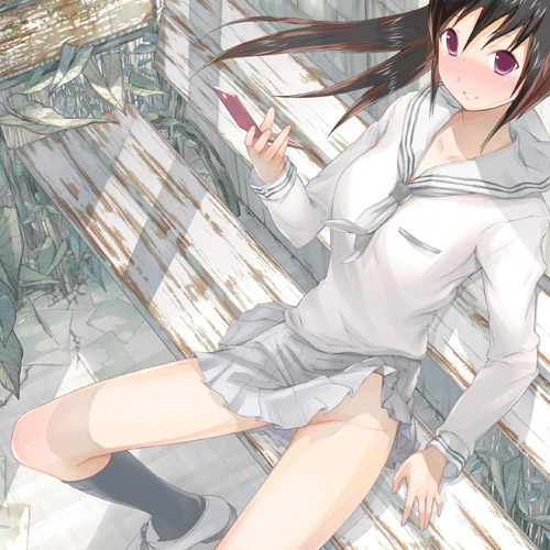 princess spirit, original, lowres, 1girl, bench, blush, brown hair, cellphone, female focus, long hair, no panties, phone, purple eyes, school uniform, serafuku, smile, solo