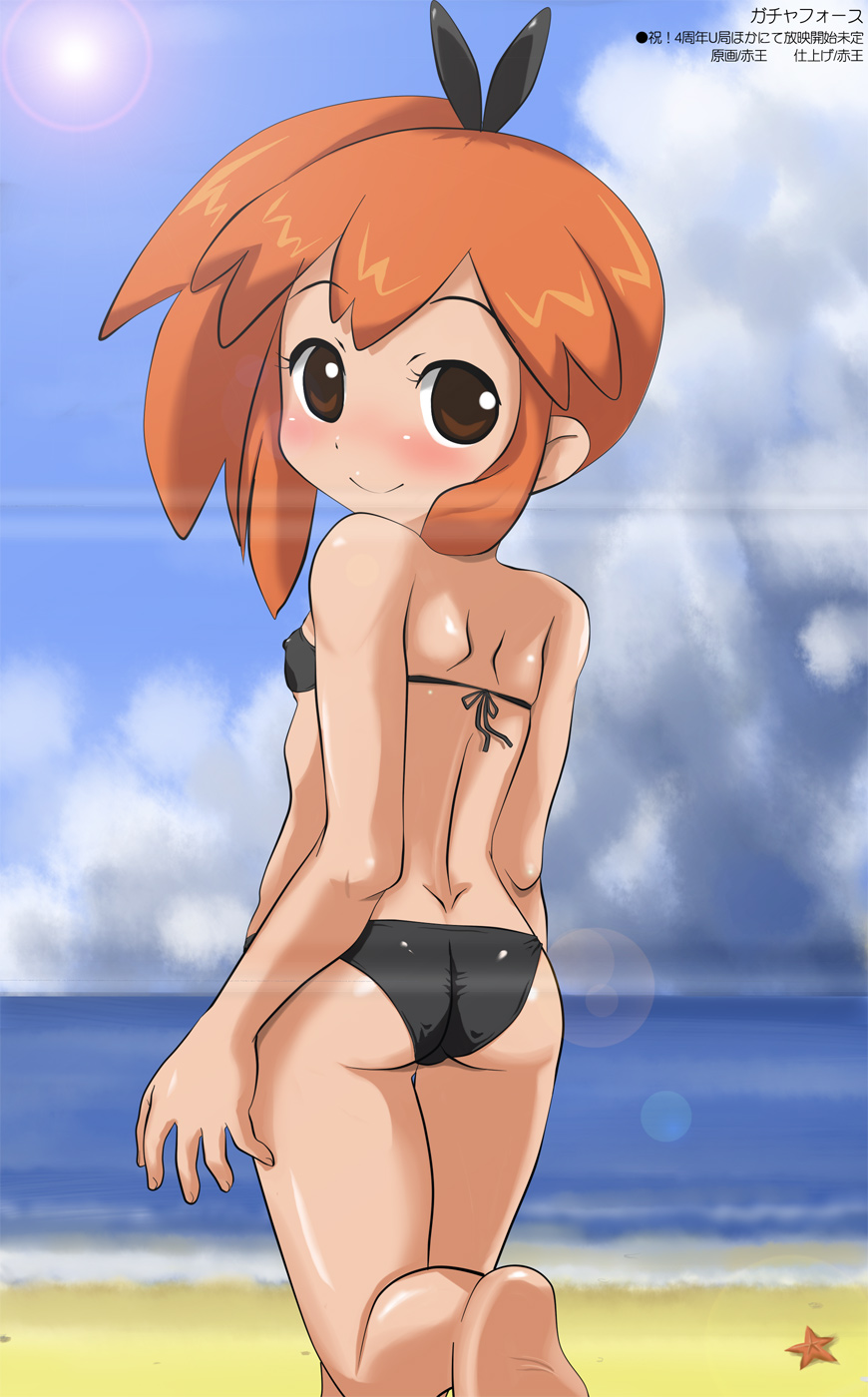akadama, kurokawa usagi, capcom, gotcha force, highres, scan, 1girl, ass, back, barefoot, beach, bikini, black bikini, blush, brown eyes, cloud, covered erect nipples, crease, day, feet, female focus, flat chest, from behind, orange hair, outdoors, sky, soles, solo, swimsuit