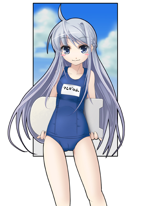 wapokichi, anzelotte, night wizard, silver hair, 00s, 1girl, ahoge, blue eyes, blush stickers, cameltoe, female focus, kickboard, long hair, name tag, one-piece swimsuit, school swimsuit, solo, swimsuit
