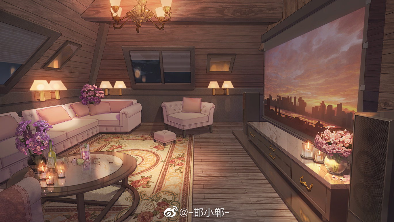 hanxiaodan, lovebrush chronicles, official art, bottle, candle, candlelight, chair, chandelier, couch, cup, cushion, drawer, drink, drinking glass, drinking straw, easy chair, floral print, flower, food, fruit, ice, ice cube, indoors, lamp, lime (fruit), lime slice, marble (stone), night, no humans, pink flower, projector screen, purple flower, rug, scenery, speaker, table, vase, watermark, weibo watermark, window, window blinds, wine bottle, wooden ceiling, wooden floor, wooden wall