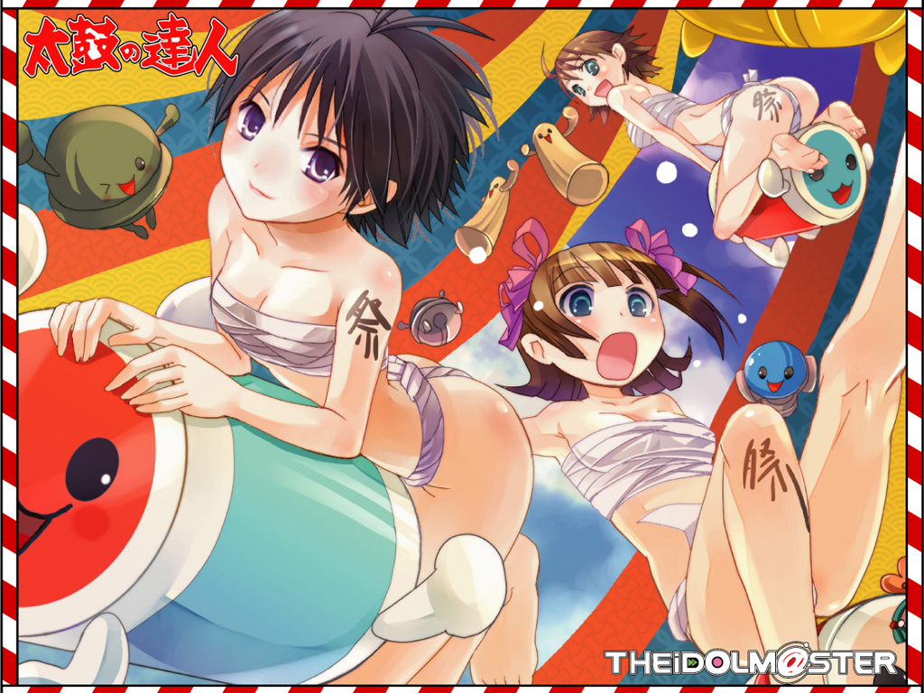 taira tsukune, amami haruka, awakened miki, hoshii miki, kikuchi makoto, wada don, wada katsu, idolmaster, idolmaster (classic), idolmaster 1, namco, taiko no tatsujin, 00s, 3girls, ahoge, aqua eyes, ass, barefoot, bent over, black hair, blue eyes, blush, bodypaint, breasts, brown hair, cleavage, company connection, fundoshi, hair ribbon, japanese clothes, medium breasts, mizu happi, multiple girls, open mouth, purple eyes, ribbon, sarashi, short hair, smile, surprised