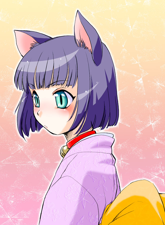 kouda tomohiro, original, animal ears, bell, cat ears, collar, green eyes, purple hair
