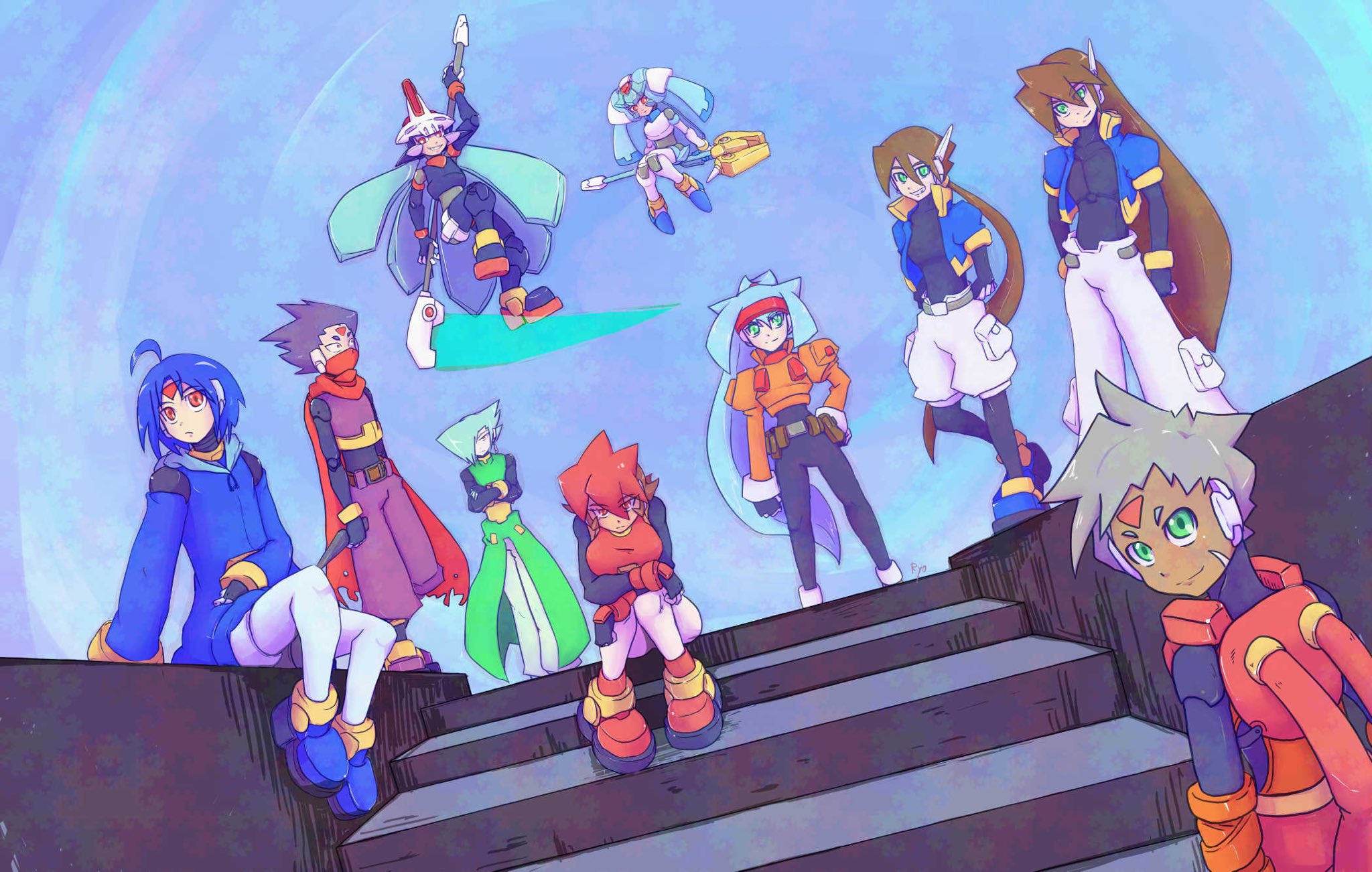 ryokuchadattayo, aeolus (mega man), aile (mega man zx), ashe (mega man), atlas (mega man), grey (mega man), model w (mega man), pandora (mega man), prometheus (mega man), siarnaq (mega man), thetis (mega man), vent (mega man), mega man (series), mega man zx, mega man zx advent, highres, 4girls, 6+boys, armor, black bodysuit, blue hair, blue jacket, bodysuit, brown hair, cropped jacket, energy blade, facial mark, forehead mark, green eyes, green hair, green shirt, grey hair, group picture, helmet, high ponytail, holding, holding scythe, jacket, long hair, multicolored hair, multiple boys, multiple girls, orange hair, orange jacket, pants, ponytail, purple armor, purple hair, purple pants, purple shirt, red eyes, scythe, shirt, short hair, shorts, two-tone hair, white armor, white helmet, white pants, white shorts