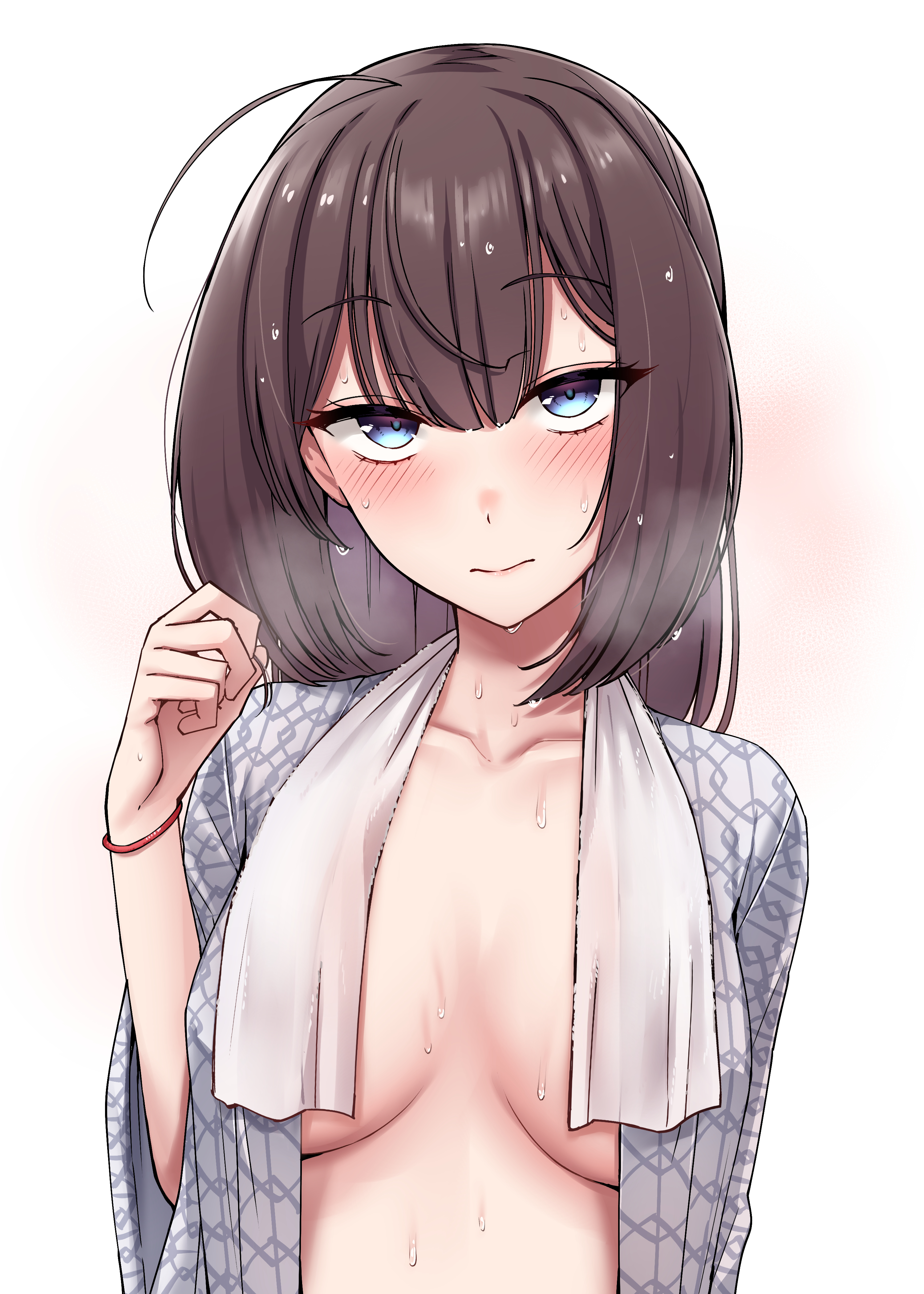 kiritto, akizuki (kancolle), kantai collection, absurdres, highres, 1girl, bath yukata, blue eyes, breasts, brown hair, hair between eyes, hair down, japanese clothes, kimono, large breasts, long hair, looking at viewer, open clothes, open kimono, solo, upper body, wet, yukata